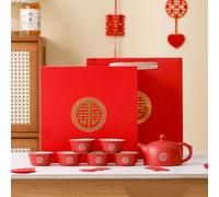 Wedding gift, Chinese Double Happiness Red Wedding Tea Set, Handmade Ceramic 1 Teapot 6 Cups For Newlyweds, Friends Chinese Traditional Wedding Decoration Supplies