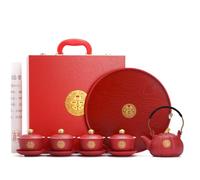 Wedding Gift Tea Set, Chinese Traditional Handmade Porcelain Red Wedding Tea Sets 4 Tea Cups 1 Tea Pot 1 Round Tray With Gift Box For Adults Married Couples