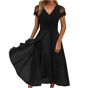 Wedding Guest Dress for Women UK Sale Clearance Petite - Ladies Lace Chiffon Sexy V Neck Short Sleeve Prom Elegant Below the Knee Midi Evening Party Special Occasions Dress
