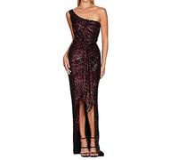 Wedding Guest Dress Ladies One Shoulder Tie Waist Slit Pleated Sequin Gown Dress Wedding Guest Dresses for Women (RD1, XL)