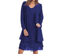 Wedding Guest Dress Set Women, Chiffon Two Piece Dress with Cardigan, Elegant Summer Mother of The Bride Outfit Plus Size Formal Party Evening Dress Suit Solid Color
