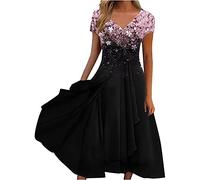 Wedding Guest Dress Women Lace Chiffon Sundress V Neck Short Sleeve High Waist Prom Cloth Elegant Swing Knee Length Midi Dress Evening Party Special Occasions Going Out Streetwear