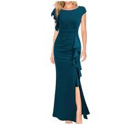 Wedding Guest Dress Women UK High Split Maxi Dresses Ruched Mermaid Prom Evening Dress Sexy Solid Round Neck Short Sleeve Elegant Long Dresses Wedding Prom Ball Gowns Party Club Cocktail Dress Blue