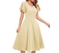 Wedding Guest Dresses for Women Formal Cocktail Homecoming Dress with Ruffle Short Sleeves Elegant Midi Swing A-Line Evening Party Dress for Modest Church Graduation, Champagne 3XL