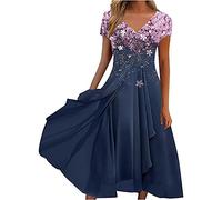 Wedding Guest Dresses for Women Lace Chiffon Sundress V Neck Short Sleeve High Waist Prom Cloth Elegant Swing Knee Length Midi Dress Evening Party Special Occasions Going Out Streetwear