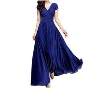 Wedding Guest Dresses for Women UK Chiffon V-Neck Short Sleeve Prom Dress Plus Size Dresses for Curvy Women Maxi Floor Length Bridesmaid High Waisted Evening Gown Wedding Guest Gifts