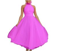 Wedding Guest Dresses for Women UK Flowy Swing Tulle Maxi Dress Halter Neck Sleeveless Backless Long Dresses Sexy Cocktail Party A Line Dress Casual Mesh Evening Prom Gowns Purple