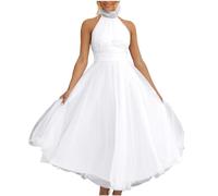Wedding Guest Dresses for Women UK Flowy Swing Tulle Maxi Dress Halter Neck Sleeveless Backless Long Dresses Sexy Cocktail Party A Line Dress Casual Mesh Evening Prom Gowns White