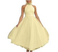 Wedding Guest Dresses for Women UK Flowy Swing Tulle Maxi Dress Halter Neck Sleeveless Backless Long Dresses Sexy Cocktail Party A Line Dress Casual Mesh Evening Prom Gowns Yellow