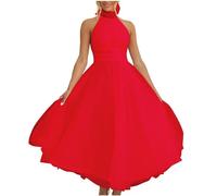 Wedding Guest Dresses for Women UK Flowy Swing Tulle Maxi Dress Halter Neck Sleeveless Backless Long Dresses Sexy Cocktail Party A Line Dress Casual Mesh Evening Prom Gowns Red