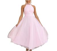 Wedding Guest Dresses for Women UK Flowy Swing Tulle Maxi Dress Halter Neck Sleeveless Backless Long Dresses Sexy Cocktail Party A Line Dress Casual Mesh Evening Prom Gowns Pink