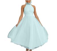 Wedding Guest Dresses for Women UK Flowy Swing Tulle Maxi Dress Halter Neck Sleeveless Backless Long Dresses Sexy Cocktail Party A Line Dress Casual Mesh Evening Prom Gowns Blue