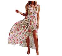 Wedding Guest Dresses for Women UK Hawaiian Fancy Dress Summer Dresses Sleeveless Floral Boho Style Maxi Sundress Deep V Neck Prom Evening Dress