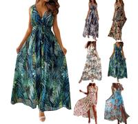 Wedding Guest Dresses for Women UK Hawaiian Fancy Dress Summer Dresses Sleeveless Floral Boho Style Maxi Sundress Deep V Neck Prom Evening Dress