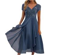 Wedding Guest Dresses for Women UK Petite,Ladies Lace Chiffon Dresses Clearance Sexy V Neck Short Sleeve Prom Dresses Elegant Knee Length Midi Dress Evening Party Special Occasions Dresses