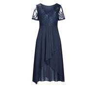 Wedding Guest Dresses for Women UK Petite,Ladies Lace Chiffon Dresses Sexy V Neck Short Sleeve Prom Elegant Knee Length Midi Dress Evening Party Special Occasions Dress Comfy