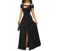 Wedding Guest Dresses for Women UK Sale Clearance Elegant Cut Out Shoulders Ladies Maxi Dress Deep V Neck Split Short Sleeve Prom Dresses Flowy Evening Party Mother of The Bride Long Dresses S-XL