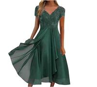 Wedding Guest Dresses for Women UK Sale Clearance Petite,Ladies Lace Chiffon Dresses Sexy V Neck Short Sleeve Prom Dresses Elegant Below the Knee Midi Dress Evening Party Special Occasions Dresses