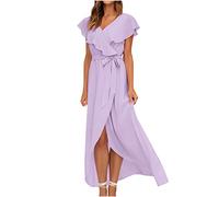 Wedding Guest Dresses for Women UK Sexy Ruffle V Neck Wrap Dress Elegant Belted High Split Short Sleeve Plain Summer Dresses Evening Bridesmaid Ladies Cocktail Chiffon Flowy Casual Maxi Long Dresses