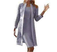 Wedding Guest Dresses for Women UK Two Piece Mother of The Bride Outfits Petite Lace Hollow Out Long Sleeve Cardigan + Sleeveless Dress Summer Elegant Party Casual Ladies Dresses Gray