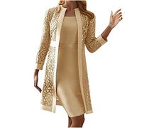 Wedding Guest Dresses for Women UK Two Piece Mother of The Bride Outfits Petite Lace Hollow Out Long Sleeve Cardigan + Sleeveless Dress Summer Elegant Party Casual Ladies Dresses Khaki