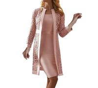Wedding Guest Dresses for Women UK Two Piece Mother Of The Bride Outfits Summer Elegant Party Casual Ladies Dresses Knee Length Dress Match Petite Lace Hollow Out Long Sleeve Cardigans