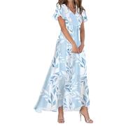Wedding Guest Dresses for Women UK Women's Chiffon Floral Maxi Dress - Summer Elegant Boho Long Flowy Dresses Ruffle Sleeves V Neck Vacation Beach Outfit Wedding Guest Engagement Cocktail Party