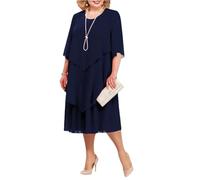 Wedding Guest Dresses for Women Uk, Women's Plus Size Elegant Chiffon Midi Dress Crew Neck Layered Asymmetric Hem Mother of the Bride Wedding Guest Dresses Size 8 10 12 14 16 18,Dark Blue,XL,u640k