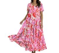 Wedding Guest Dresses for Women UK, Womens Summer Maxi Boho Beach Dress Floral Print Sundress Crew Neck Short Sleeve High Waist Flowy Tiered Long Dresses Sister Birthday Gifts,Pink,L,u349k