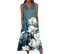 Wedding Guest Dresses for Women Women's Spring V Tie Button with Pocket Loose Casual Sleeveless Dress Maxi Dresses for Women (Dark Blue, XL)