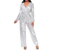 Wedding Guest Jumpsuit Women's Sequin Jumpsuit Clubwear Glitter Shiny Wrap V Neck Sexy Long Sleeve Romper Straight Wide Long Pants Ladies Linen Jumpsuit (Silver, S)