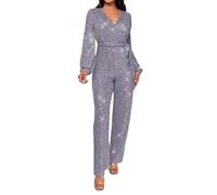 Wedding Guest Jumpsuit Women's Sequin Jumpsuit Clubwear Glitter Shiny Wrap V Neck Sexy Long Sleeve Romper Straight Wide Long Pants Ladies Linen Jumpsuit (Grey, XXXL)