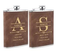 Wedding Hip flasks for Men Set of 2, Best Man Hip Flask Personalised, Custom Engraved Liquor Whiskey 304 Steel Stainless Flask for Groomsmen Best Man Gifts, Brown