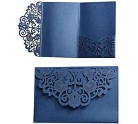 Wedding Invitation Cards, 10 pcs Laser Cut Floral Design Invites Pocket for Engagement Parties, Bridal Showers, Includes Covers, Blank Inserts (Envelope Not Included) (Navy Blue)