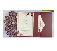 Wedding Invitations 50 Laser Cut Green Blue Leave Tri-fold Wedding Invitation Cards Kit Personalized Leaf Pocket Invite Sleeve For parties(Burgundy,Cover and envelope)