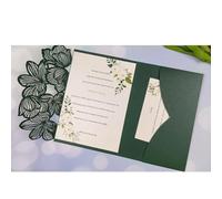 Wedding Invitations 50 Laser Cut Green Blue Leave Tri-fold Wedding Invitation Cards Kit Personalized Leaf Pocket Invite Sleeve For parties(Green,Cover and envelope)
