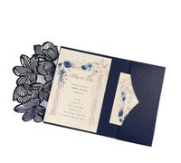 Wedding Invitations 50 Laser Cut Green Blue Leave Tri-fold Wedding Invitation Cards Kit Personalized Leaf Pocket Invite Sleeve For parties(Blue,Blank set)