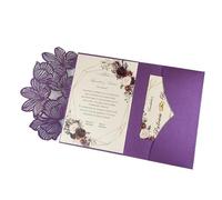 Wedding Invitations 50 Laser Cut Green Blue Leave Tri-fold Wedding Invitation Cards Kit Personalized Leaf Pocket Invite Sleeve For parties(PURPLE,Cover and envelope)