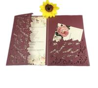 Wedding Invitations 50 Laser Cut Green Blue Leave Tri-fold Wedding Invitation Cards Kit Personalized Leaf Pocket Invite Sleeve For parties(Burgundy1,Cover and envelope)