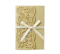 Wedding Invitations 50pcs Wedding Invitations Card Tri-Fold Lace Business Flowers Greeting Cards & Ribbon Wedding Party Supplies(Gold Cover inner)