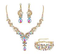 Wedding Jewellery Set for Women, Sparkly Rhinestone Crystal Vintage Floral Teardrop Brides Bridal Necklace Earrings Bracelet Sets Prom Party Costume Jewelry 3 Pcs