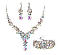 Wedding Jewellery Set for Women, Sparkly Rhinestone Crystal Vintage Floral Teardrop Brides Bridal Necklace Earrings Bracelet Sets Prom Party Costume Jewelry 3 Pcs