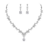 Wedding Jewelry Set for Women, Cubic Zirconia Fashion Floral Leaf Necklace Dangle Earrings Tennis Bracelet Adjustable Ring Set