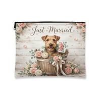 Wedding Lakeland Terrier Dog Makeup Bag, Floral Marriage Printed Cosmetic Travel Pouch for Women, Just Married Portable Small Canvas Zipper Organizer 7x9 Inch