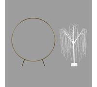 Wedding Moongate Gold Arch 2m/ 200cm & Weeping Willow Light Up Tree Warm White LED Metal Flat Base Arbour Background Decor Flower Balloon Circle Hoop Frame Outdoor Backdrop Decoration Prop Gold