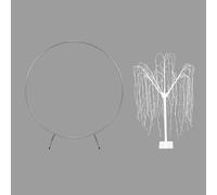 Wedding Moongate Silver Arch 2m/ 200cm & Weeping Willow Light Up Tree Warm White LED Metal Flat Base Arbour Background Decor Flower Balloon Circle Hoop Frame Outdoor Backdrop Decoration Prop Silver