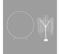 Wedding Moongate White Arch 2m/200cm & Weeping Willow Light Up Tree Warm White LED with Metal Flat Base Arbour Background Decor Flower Balloon Circle Hoop Frame Outdoor Backdrop Wedding Decoration Whi