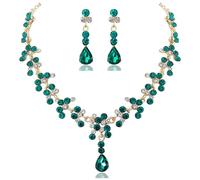 Wedding Necklace Earrings Sets for Women Crystal Bridal Flower Pendant Necklace Chain Vintage Rhinestone Necklace Teardrop Ball Dangle Jewelry for Bride Bridesmaid (Green)