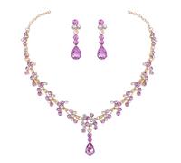 Wedding Necklace Earrings Sets for Women Crystal Bridal Flower Pendant Necklace Chain Vintage Rhinestone Necklace Teardrop Ball Dangle Jewelry for Bride Bridesmaid (Purple)