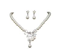 Wedding Pearl Flower Necklace Set Bridal Crystal White Faux Pearl Pendant Necklace Earrings Floral Rhinestone Faux Pearl Chain Jewelry for Women Bride Bridesmaid (White B)
